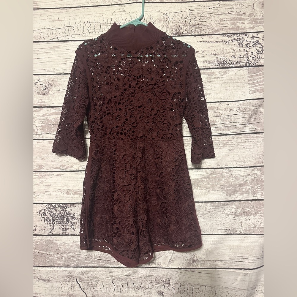 ZARA Collection Burgundy Lace Romper Mock Neck 3/4 Sleeve Small